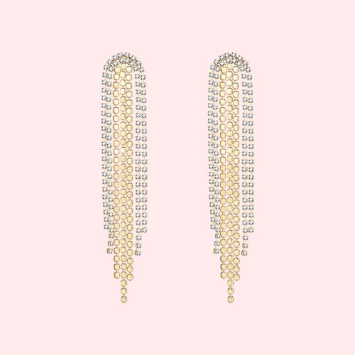 Glittering and luxurious multi-layer dinner style with diamond metal tassel long earrings and ear clips without earholes, female exaggeration in Europe and America - dianjiang-