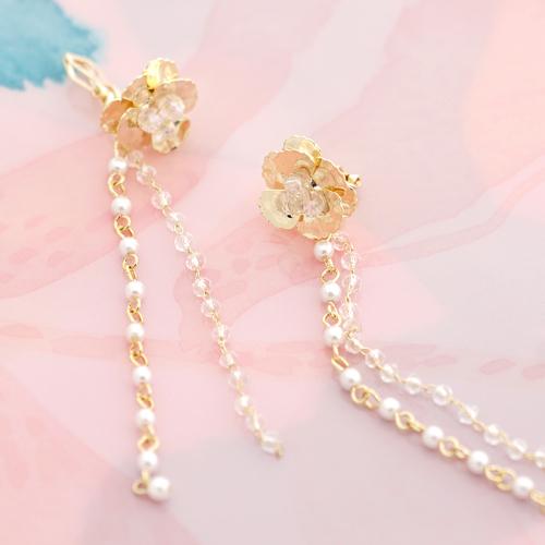 长款金属花朵水晶流苏气质耳环无耳洞耳夹女无痛 - dianjiang-