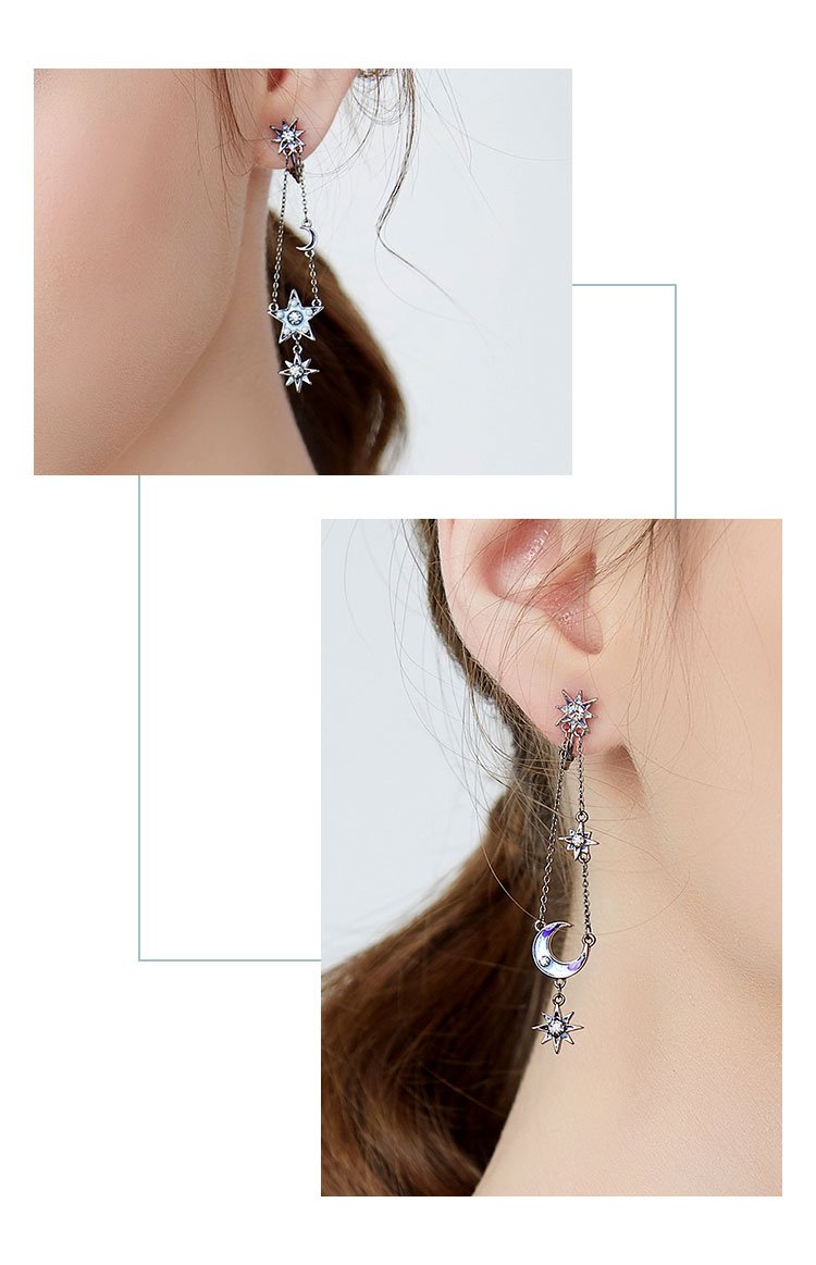 Japanese long style personality Black Star Moon Star Star earring earring clip earless female suitable for round face personality - dianjiang-