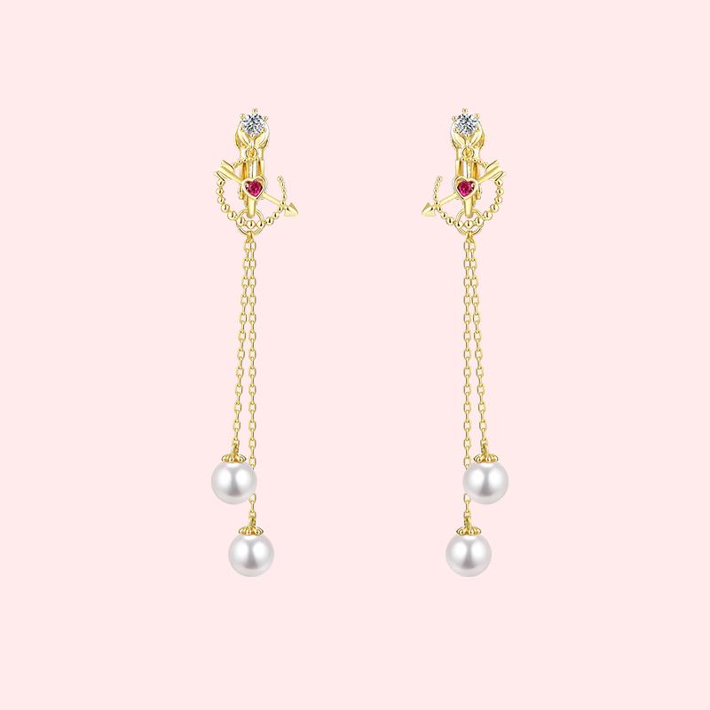 Cupid's Arrow Chic red love pearl long tassel earrings ear clip no ear hole girl - dianjiang-