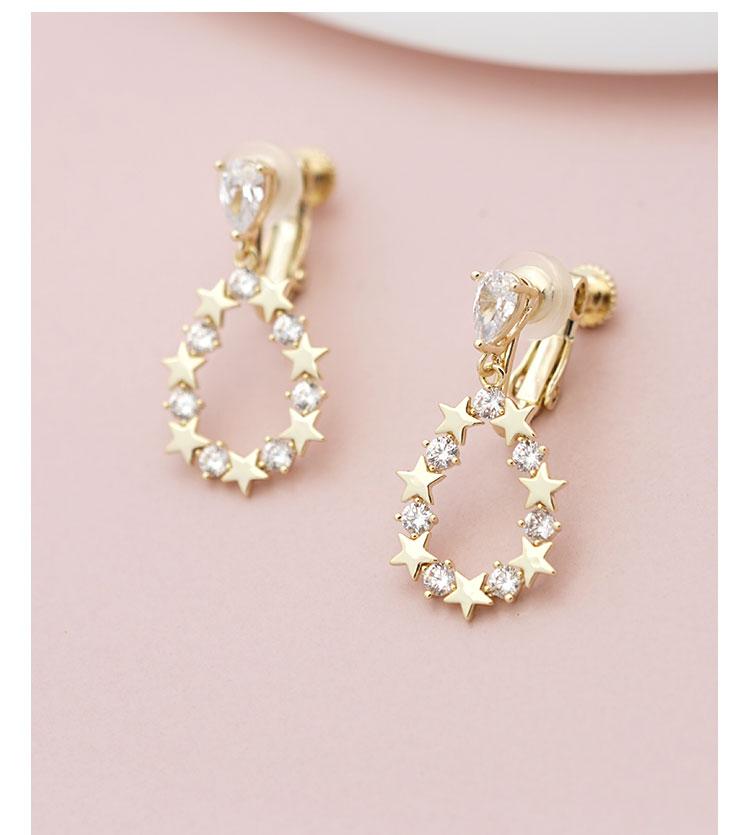 Japanese new exquisite high-level sense hollow water drop crystal star diamond earrings earrings clip female non earhole - dianjiang-