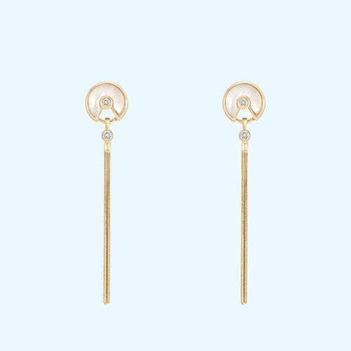 Temperament talisman Exquisite mirror shell zircon long snake bone tassel earrings no ear hole ear clip girl - dianjiang-