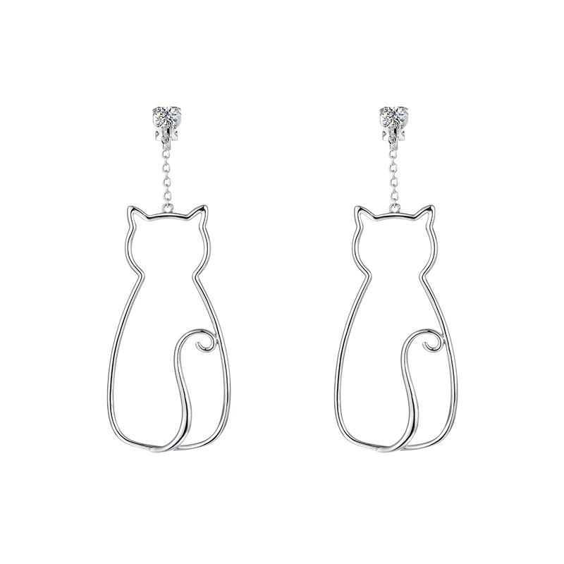 Original designer's minimalist little fresh and lovely metal openwork cat Tassel Earrings without ear holes - dianjiang-