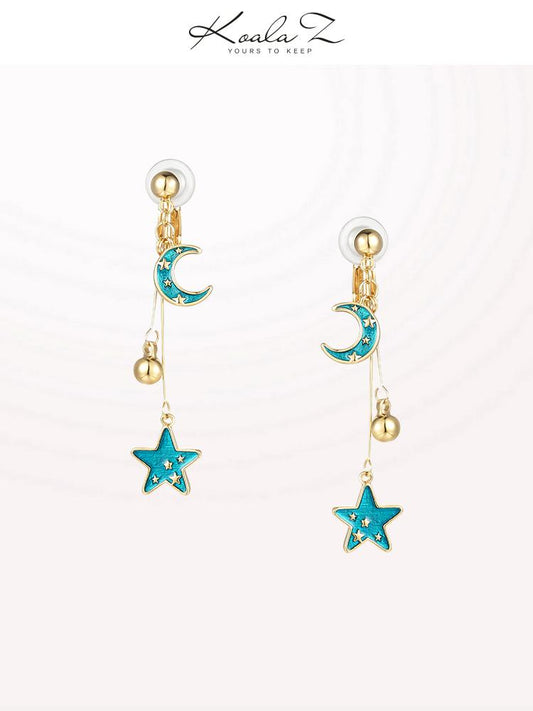 Japanese new products original design hand made blue glass texture glaze star moon earrings ear clip no ear hole girl - dianjiang-