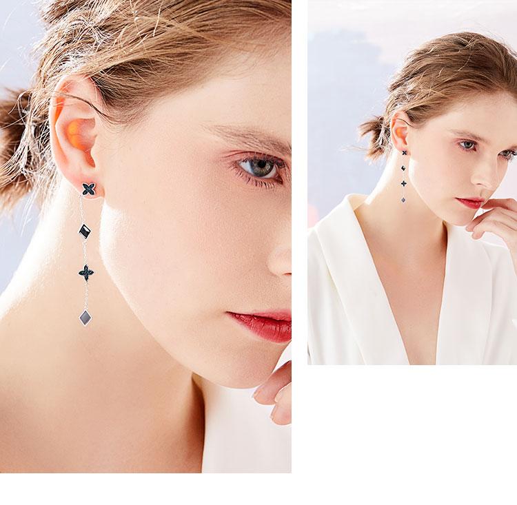 Long cold-tie asymmetrical design four-leaf diamond-shaped tassel earrings painless ear-free ear-to-ear clip woman - dianjiang-