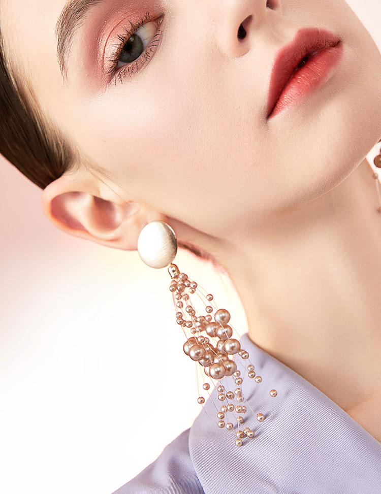 European and American personality exaggeration star champagne pearl grape string Earrings ear clip earless female long tassel round face - dianjiang-