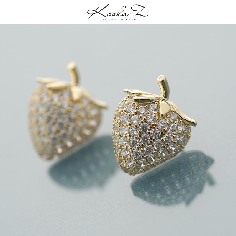 Delicate, shiny, sweet and lovely gold full rhinestone small strawberry zircon earring earring without earhole earring clip age - dianjiang-