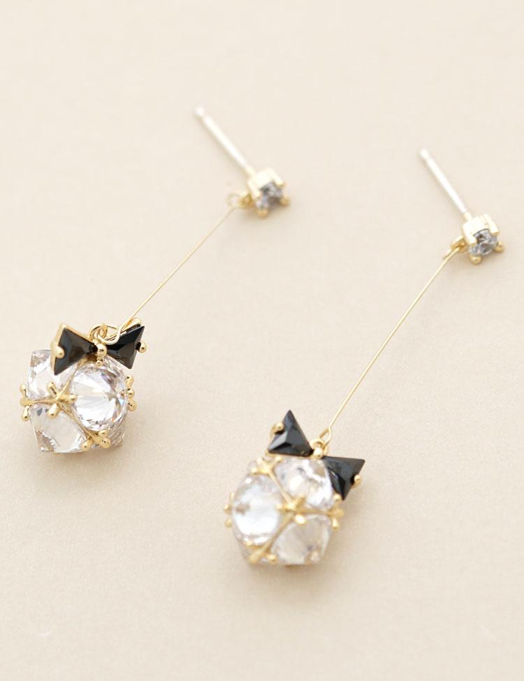 Koala pig Japanese style and wind bow crystal ball Long Earring earclip without ear hole female Japanese soft girl Qingxin - dianjiang-