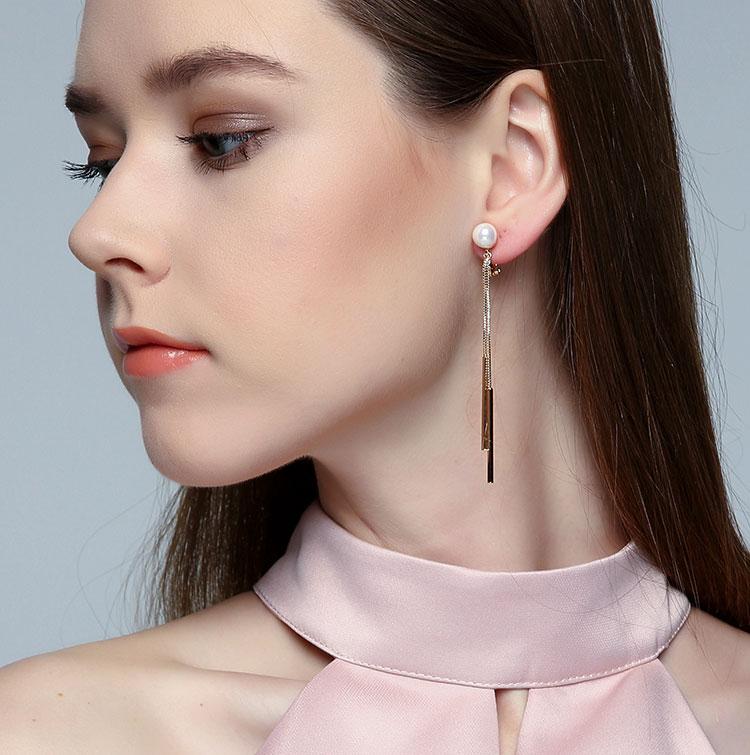 South Korea extremely simple Joker long round bead metal tassel OL temperament earrings earclip without ear hole female personality geometry - dianjiang-