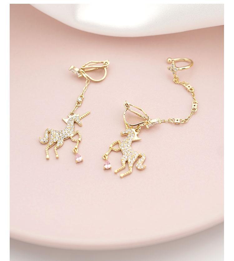 Cute dreamy pink girl heart asymmetric metal full diamond unicorn ear-hook earrings without ear-hole earrings - dianjiang-