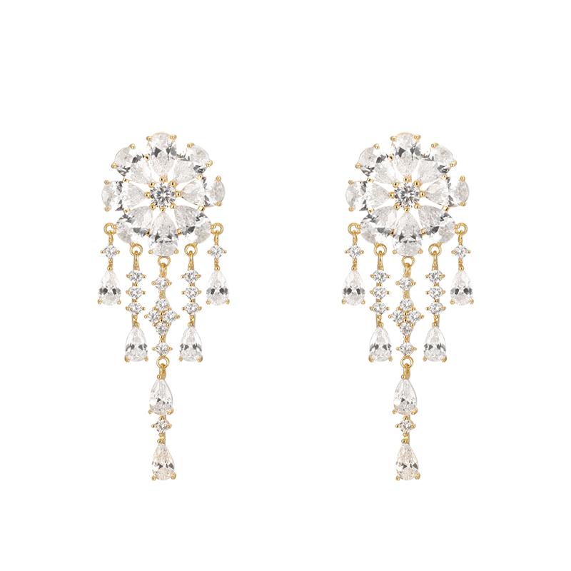 Heavy Industry Hand for 5A Zirconium Smart waterfall flower crystal tassel earrings painless earless clip girl - dianjiang-