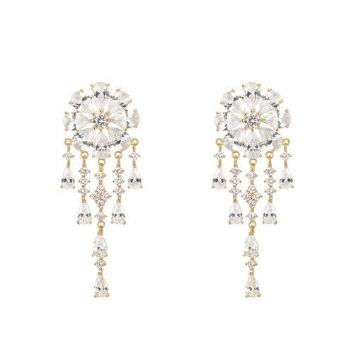 重工手作 5A锆石 灵动瀑布花朵水晶流苏耳钉耳环无痛无耳洞耳夹女 - dianjiang-