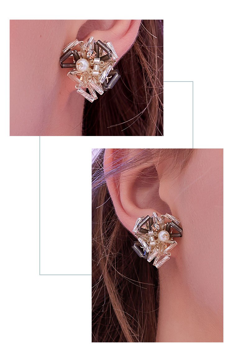 Pure hand-made two-color Gray Crystal Flower Heavy Industry Design Earrings without earholes and earclips for women without pain - dianjiang-