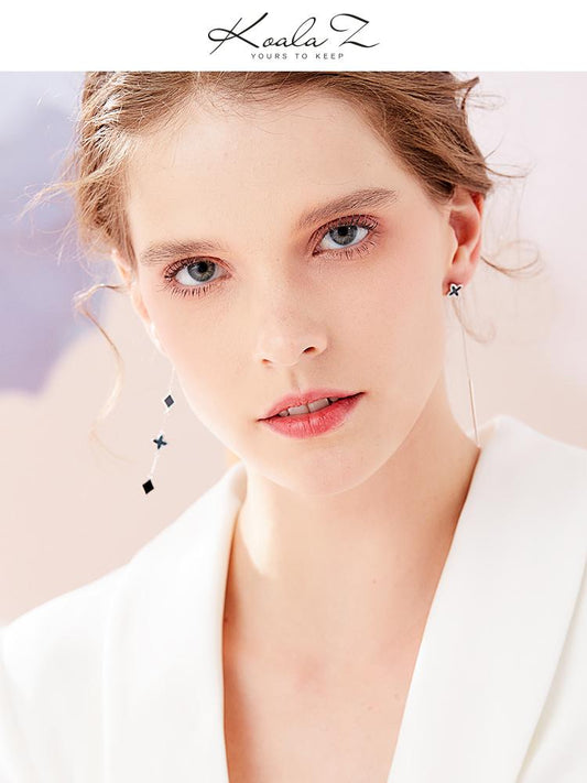 Long cold-tie asymmetrical design four-leaf diamond-shaped tassel earrings painless ear-free ear-to-ear clip woman - dianjiang-