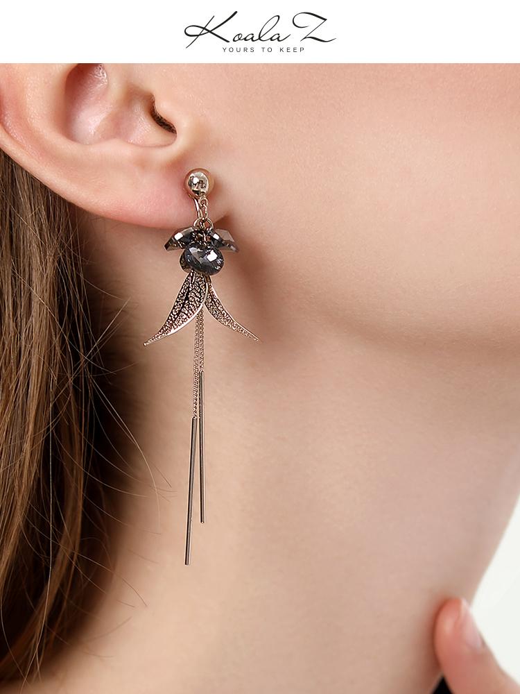 Austria Crystal Long Leaf Earrings Earrings Earrings without Earholes Feminine Sensation - dianjiang-