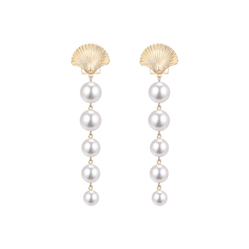 The design of Europe and the United States exaggerated cold wind temperament long mermaid tears metal shell imitation pearl earrings ear clip - dianjiang-