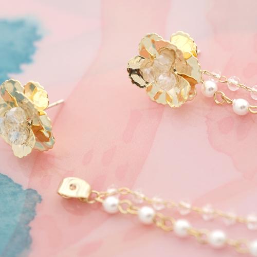 长款金属花朵水晶流苏气质耳环无耳洞耳夹女无痛 - dianjiang-