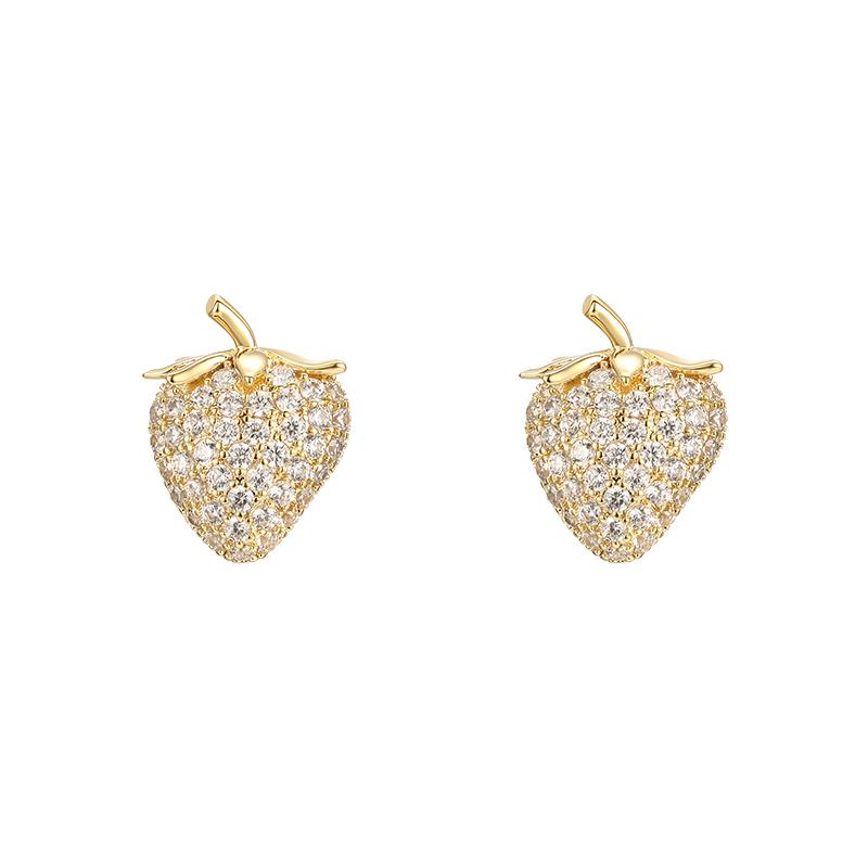 Delicate, shiny, sweet and lovely gold full rhinestone small strawberry zircon earring earring without earhole earring clip age - dianjiang-