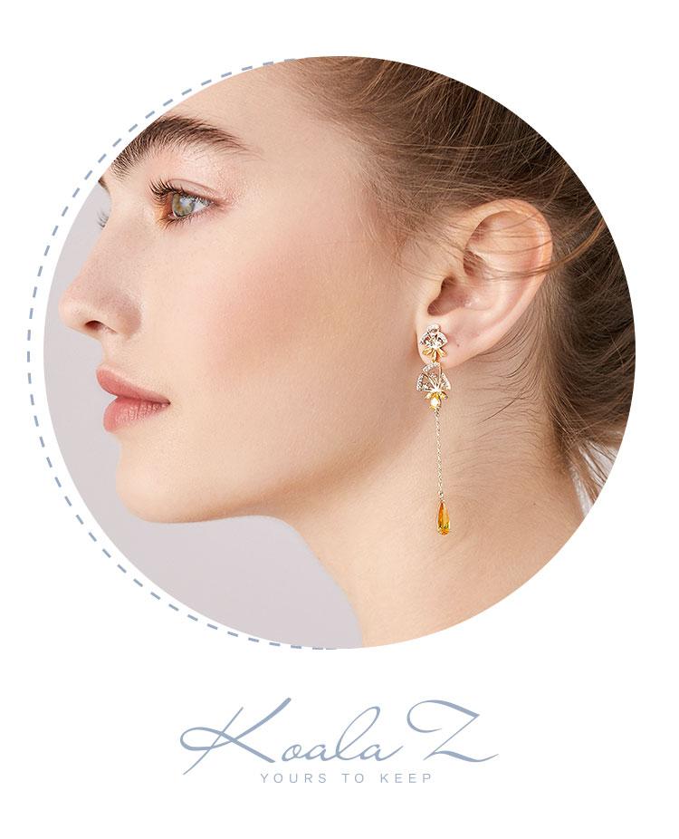 Super-Immortal Heavy Industry hand-made asymmetrical hollowed-out inlaid yellow drill tassel water drop flower earrings ear clip no ear hole girl - dianjiang-