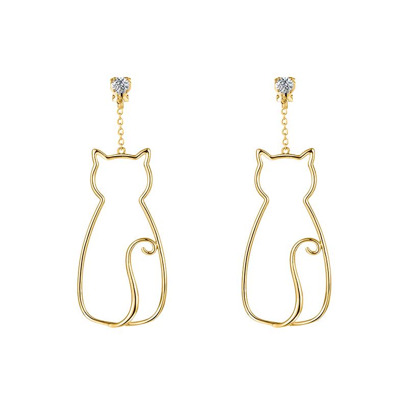 Original designer's minimalist little fresh and lovely metal openwork cat Tassel Earrings without ear holes - dianjiang-