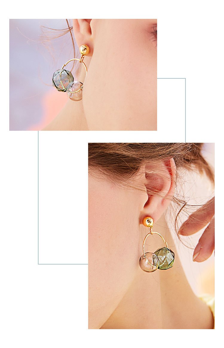 Spring new transparent glass ball cold wind Mo Landi color two-color earring earring earring clip without ear hole female - dianjiang-