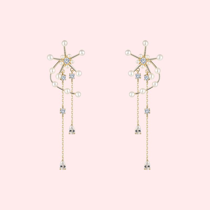 Original design Heavy Industries Windmill fringed pearl earrings ear clip earless women's high sense round face - dianjiang-