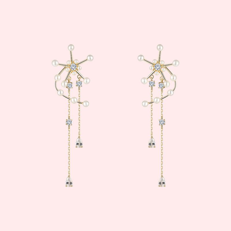 Original design Heavy Industries Windmill fringed pearl earrings ear clip earless women's high sense round face - dianjiang-