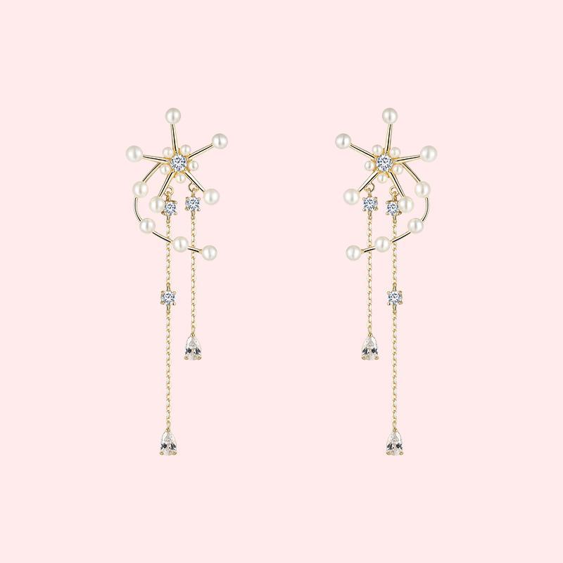 Original design heavy hand made windmill with tassel inlaid pearl earrings and ear clip without ear hole, female advanced round face - dianjiang-