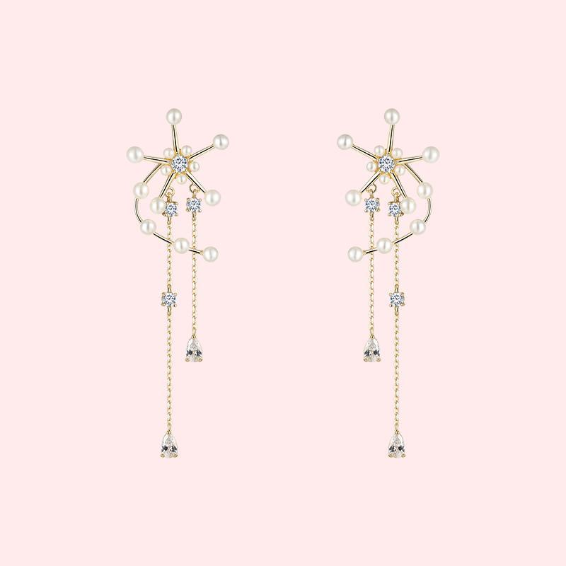 Original design heavy hand made windmill with tassel inlaid pearl earrings and ear clip without ear hole, female advanced round face - dianjiang-