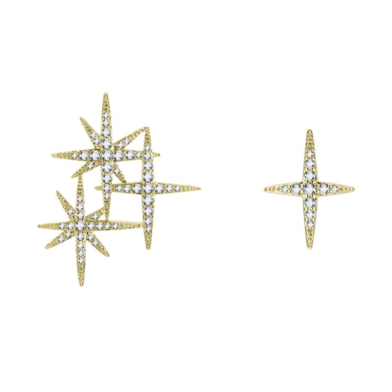 Cold tie gas asymmetrical gold stitching zircon star stud earrings painless earless ear clip daily - dianjiang-