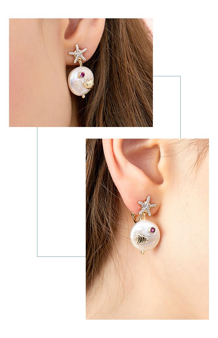 Baroque natural pearl zircon starfish cute little fish earring earring earring female painless everyday Joker - dianjiang-