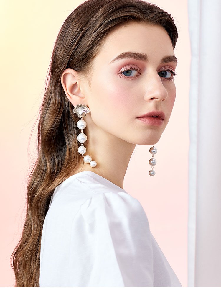 The design of Europe and the United States exaggerated cold wind temperament long mermaid tears metal shell imitation pearl earrings ear clip - dianjiang-