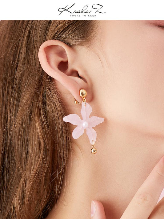 Japanese age reduction new pink Acrylic flower ceramic bead earring earrings no ear hole women hundred plated real gold - dianjiang-