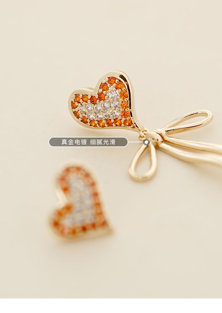 Asymmetric design of warm heart color in winter sweet love bow tie with diamond earrings painless earhole free earclip female - dianjiang-