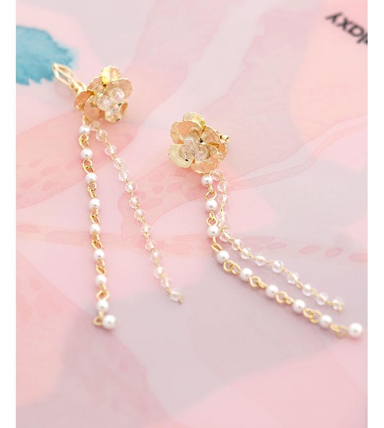 Long metal flower crystal tassel temperament Earrings without earholes and earclips for women without pain - dianjiang-