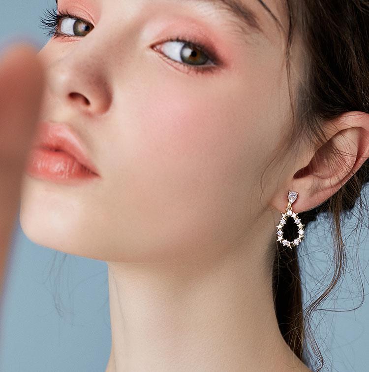 Japanese new exquisite high-level sense hollow water drop crystal star diamond earrings earrings clip female non earhole - dianjiang-