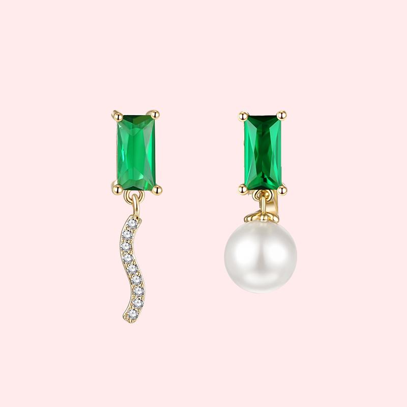 Exquisite emerald delicate zircon asymmetric emerald small pearl earrings earless girl - dianjiang-