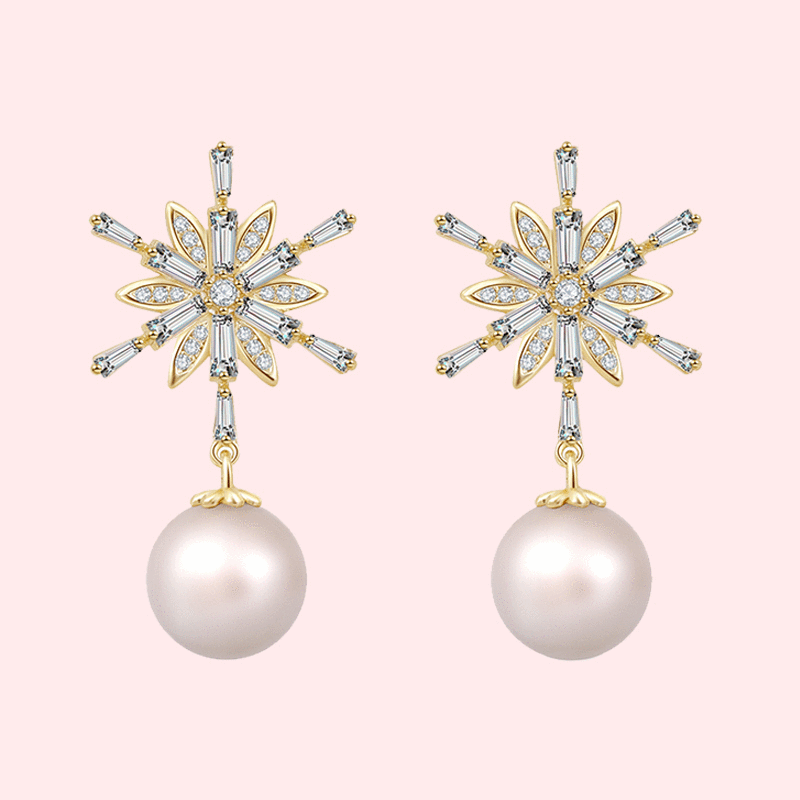 High sense of cold wind flash diamond boutique snowflake imitation pearl earrings earrings no ear hole female super fairy painless Japan - dianjiang-