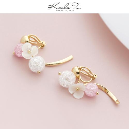 高品级天然贝壳 粉色水晶爆裂花朵曲线耳环无耳洞无痛耳夹女日本 - dianjiang-