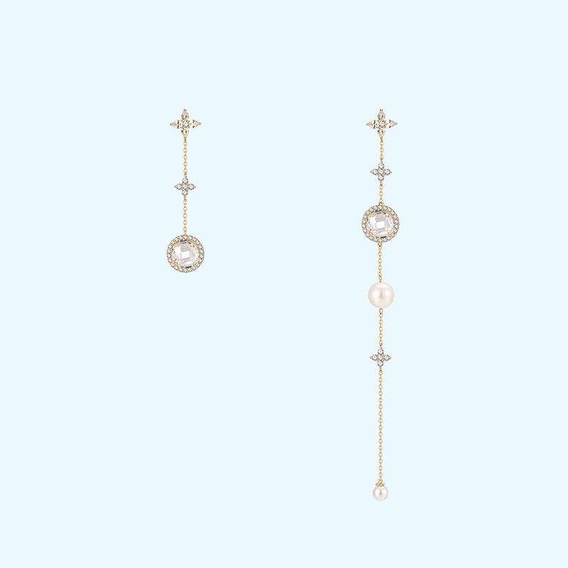 French elegant light luxury pearl gem long asymmetric tassel cold tie Earrings painless ear hole earclip female - dianjiang-