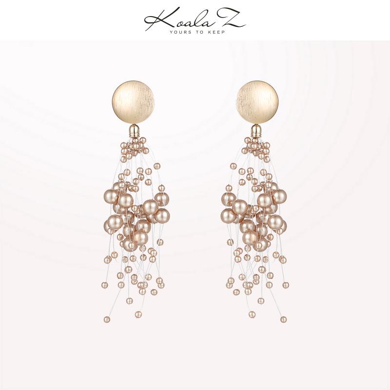 European and American personality exaggeration star champagne pearl grape string Earrings ear clip earless female long tassel round face - dianjiang-