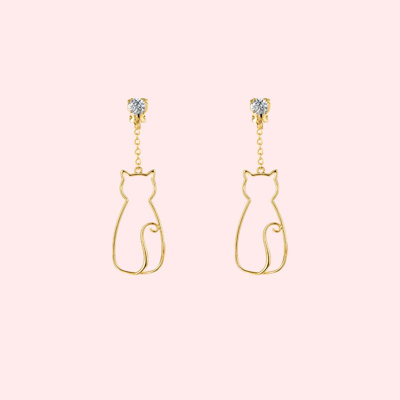 Original designer's minimalist little fresh and lovely metal openwork cat Tassel Earrings without ear holes - dianjiang-