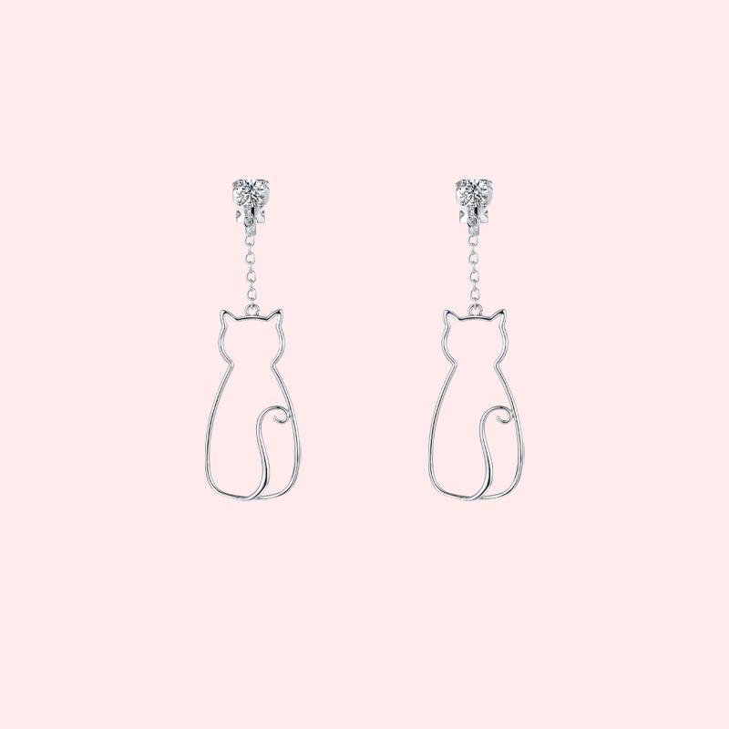 Original designer's minimalist little fresh and lovely metal openwork cat Tassel Earrings without ear holes - dianjiang-