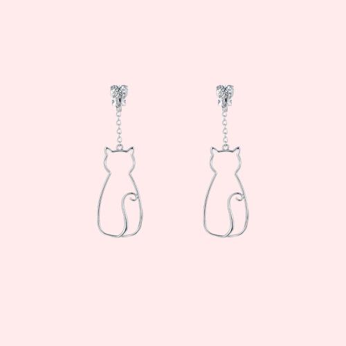 Original designer's minimalist little fresh and lovely metal openwork cat Tassel Earrings without ear holes - dianjiang-