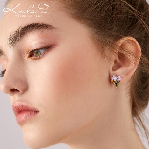 法国单 手工珐琅紫色小花朵耳钉耳夹无耳洞女可调节螺旋日系清新 - dianjiang-