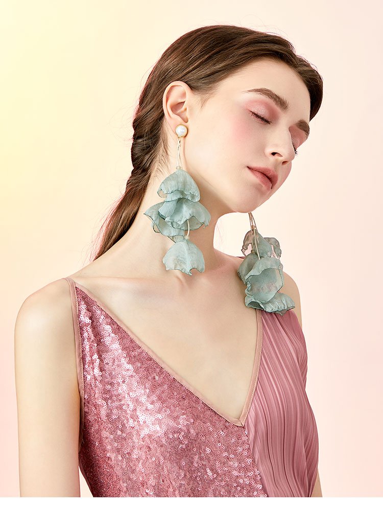 Imported Korea elegant fabric summer fresh chiffon fabric flowers long tassel earrings ear clip without ear holes - dianjiang-