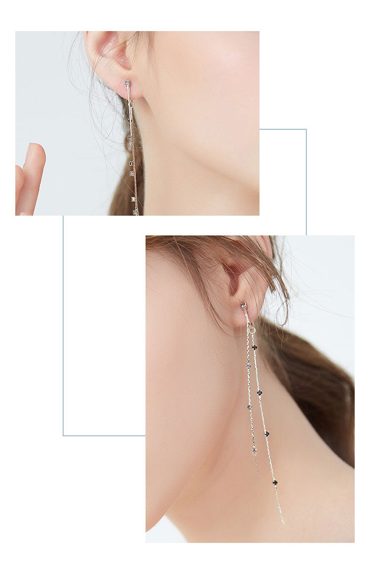 Advanced grey round face thin front and back double line grey drill ear thread long tassel earring earring clip no earhole female no pain - dianjiang-