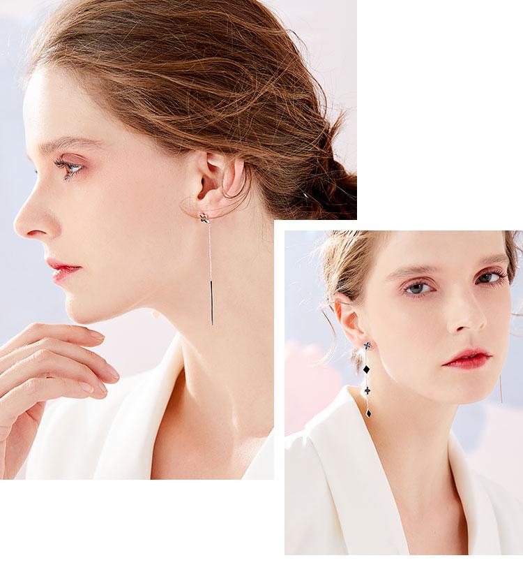 Long cold-tie asymmetrical design four-leaf diamond-shaped tassel earrings painless ear-free ear-to-ear clip woman - dianjiang-