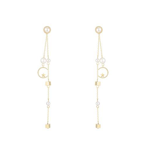 长款冷淡风 圆脸显瘦五角星星月亮珍珠金属流苏耳环无耳洞耳夹女 - dianjiang-