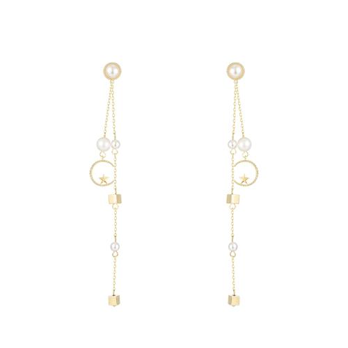 长款冷淡风 圆脸显瘦五角星星月亮珍珠金属流苏耳环无耳洞耳夹女 - dianjiang-